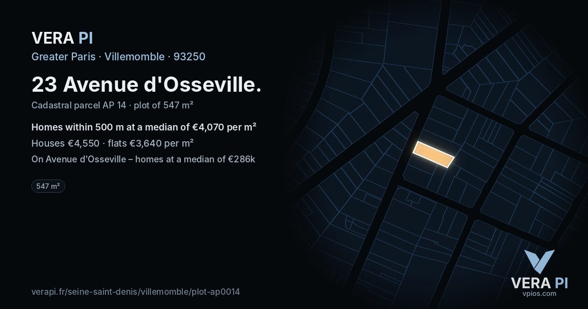 23 Avenue d'Osseville, Villemomble at night – the plot lit, the parcels around coloured by the prices near them