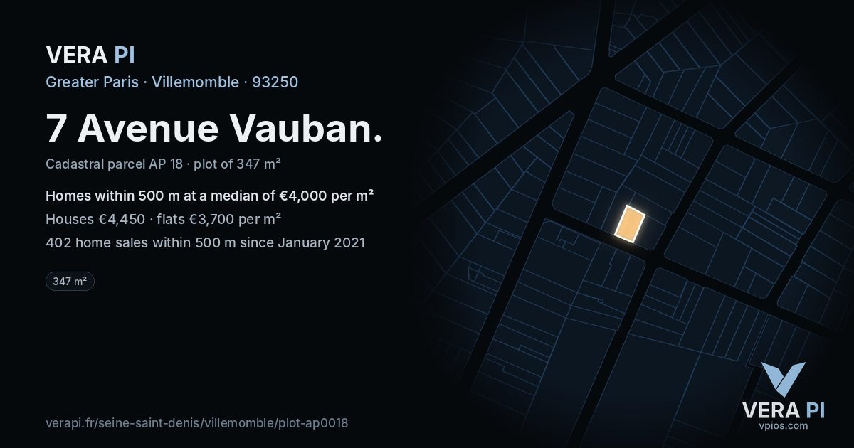 7 Avenue Vauban, Villemomble at night – the plot lit, the parcels around coloured by the prices near them