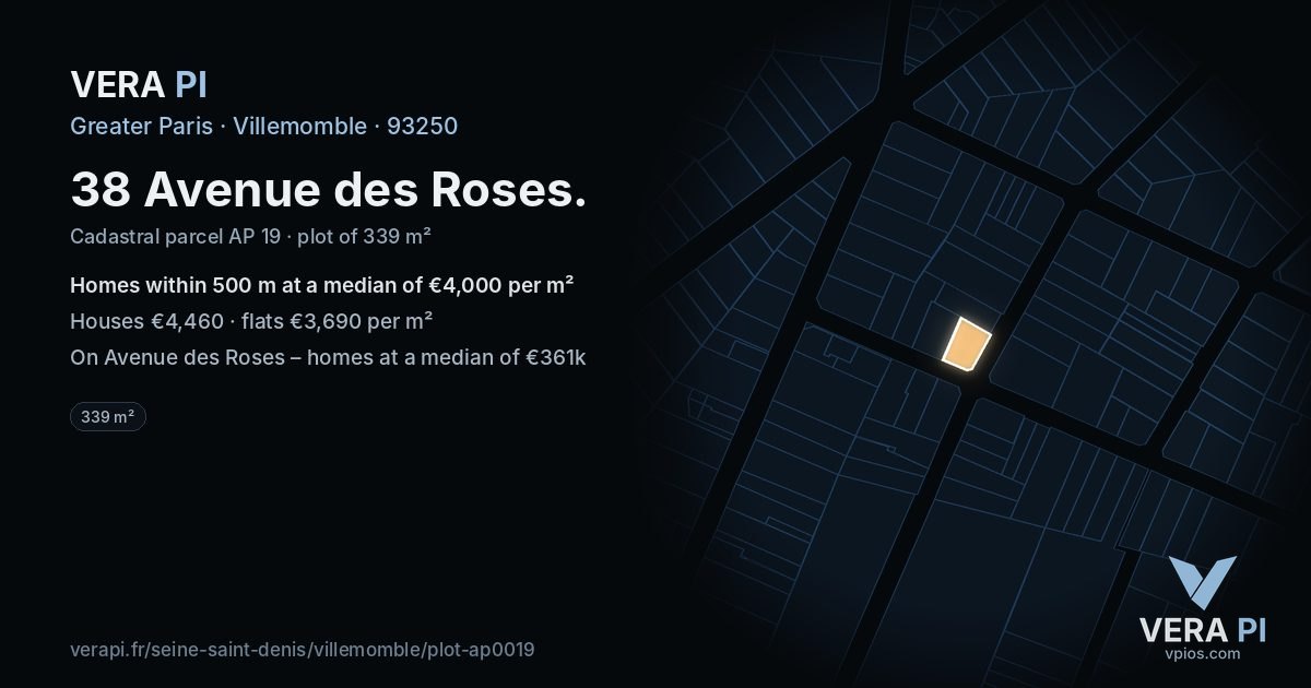 38 Avenue des Roses, Villemomble at night – the plot lit, the parcels around coloured by the prices near them