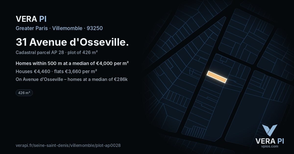 31 Avenue d'Osseville, Villemomble at night – the plot lit, the parcels around coloured by the prices near them
