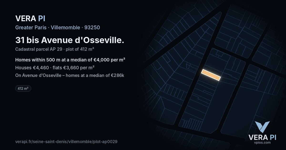 31 bis Avenue d'Osseville, Villemomble at night – the plot lit, the parcels around coloured by the prices near them