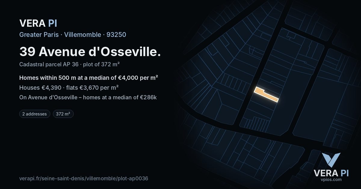 39 Avenue d'Osseville, Villemomble at night – the plot lit, the parcels around coloured by the prices near them