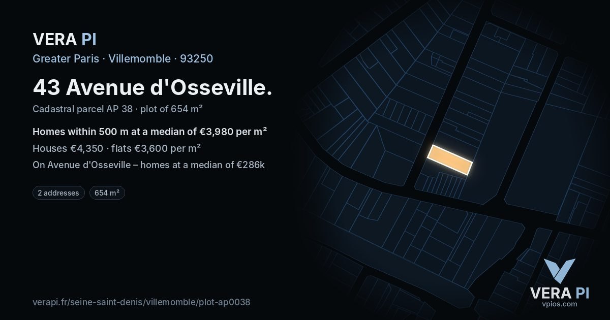 43 Avenue d'Osseville, Villemomble at night – the plot lit, the parcels around coloured by the prices near them