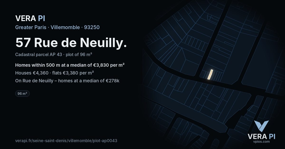 57 Rue de Neuilly, Villemomble at night – the plot lit, the parcels around coloured by the prices near them