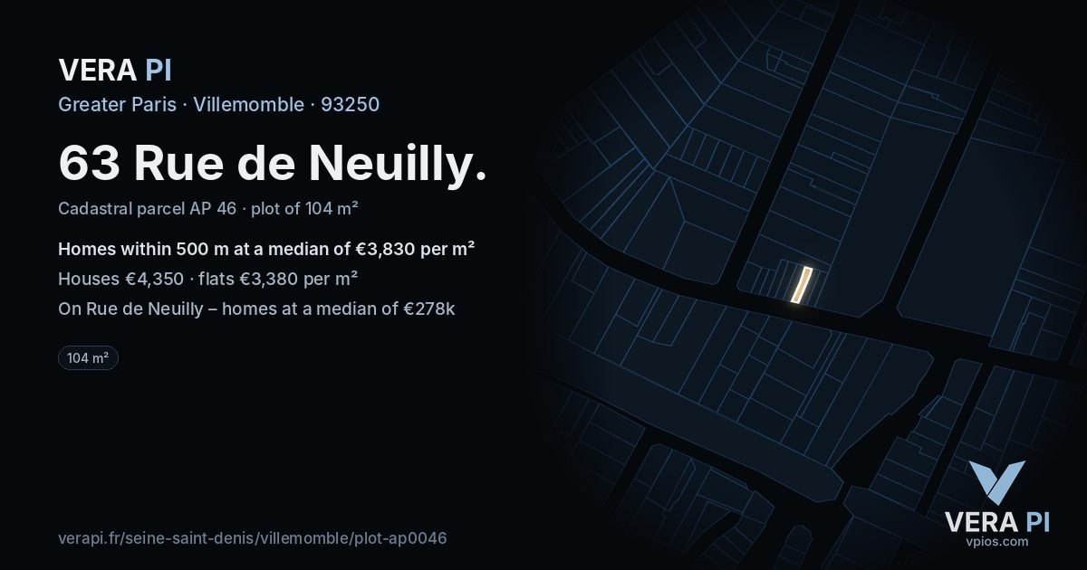 63 Rue de Neuilly, Villemomble at night – the plot lit, the parcels around coloured by the prices near them