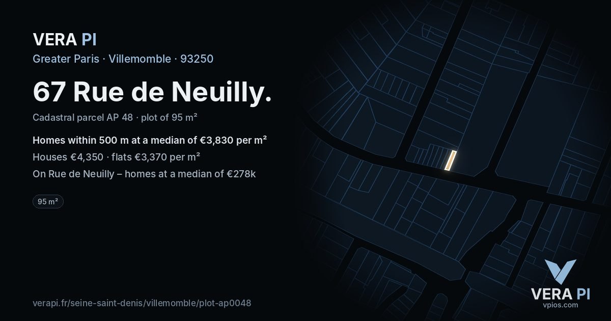 67 Rue de Neuilly, Villemomble at night – the plot lit, the parcels around coloured by the prices near them