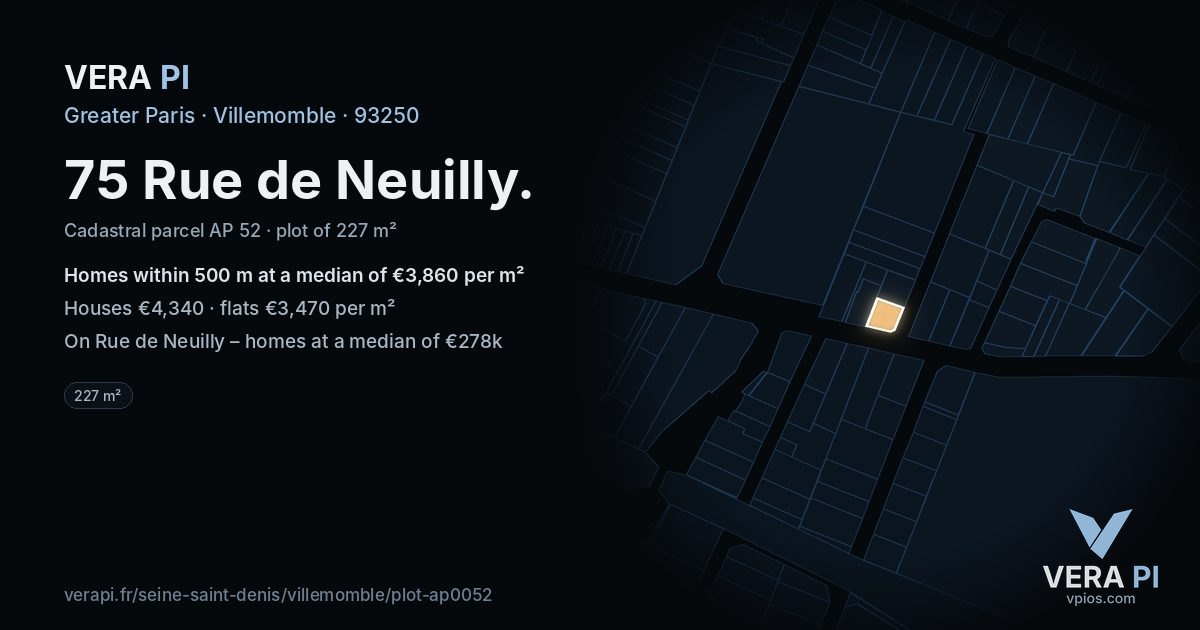 75 Rue de Neuilly, Villemomble at night – the plot lit, the parcels around coloured by the prices near them