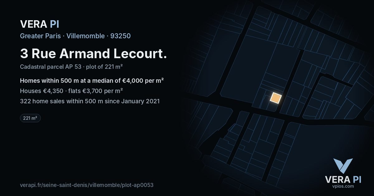 3 Rue Armand Lecourt, Villemomble at night – the plot lit, the parcels around coloured by the prices near them