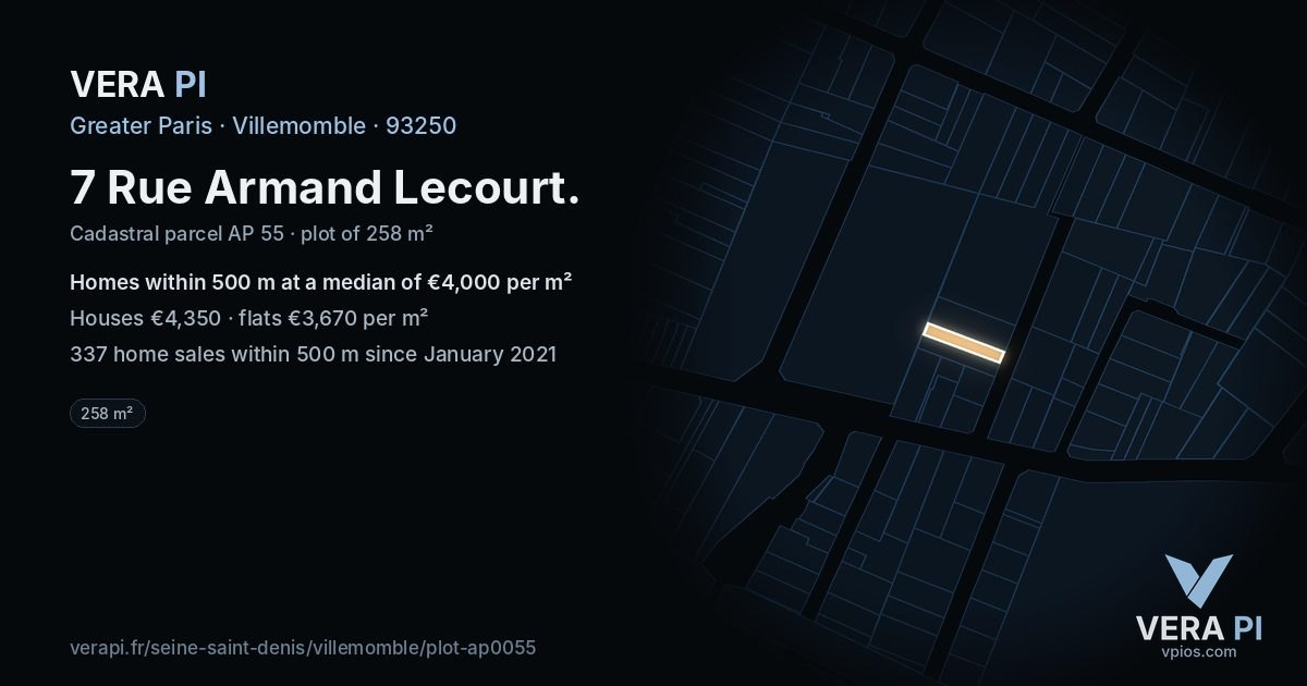 7 Rue Armand Lecourt, Villemomble at night – the plot lit, the parcels around coloured by the prices near them