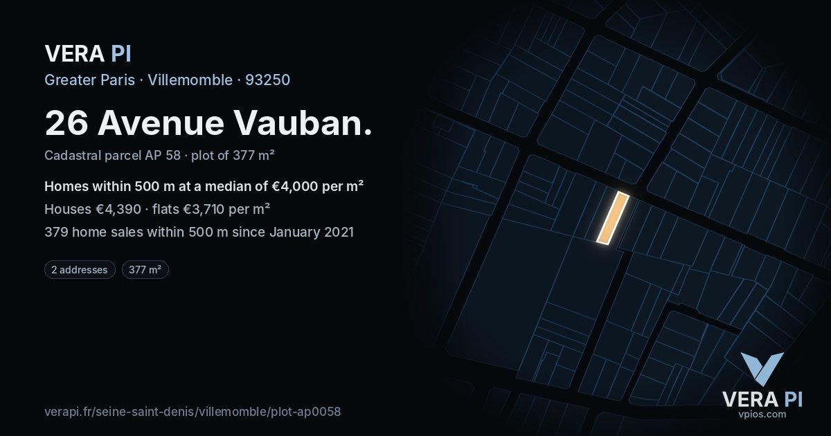 26 Avenue Vauban, Villemomble at night – the plot lit, the parcels around coloured by the prices near them