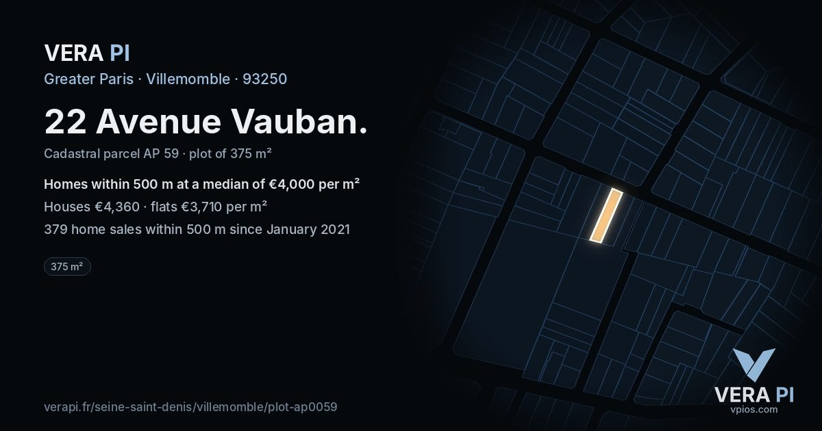 22 Avenue Vauban, Villemomble at night – the plot lit, the parcels around coloured by the prices near them