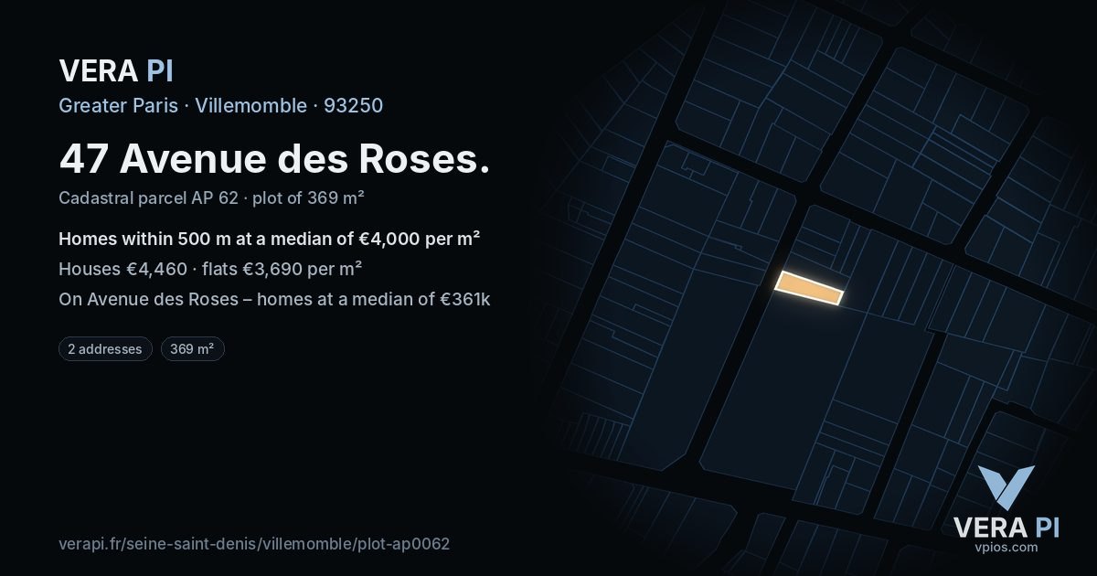 47 Avenue des Roses, Villemomble at night – the plot lit, the parcels around coloured by the prices near them