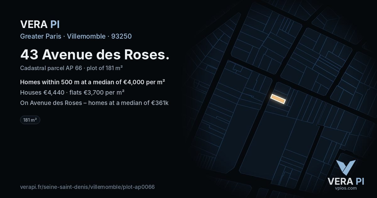 43 Avenue des Roses, Villemomble at night – the plot lit, the parcels around coloured by the prices near them