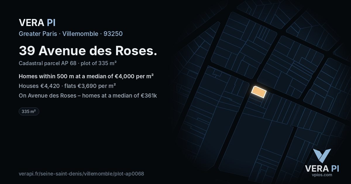 39 Avenue des Roses, Villemomble at night – the plot lit, the parcels around coloured by the prices near them