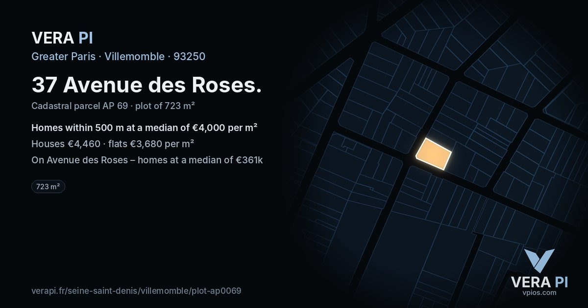 37 Avenue des Roses, Villemomble at night – the plot lit, the parcels around coloured by the prices near them