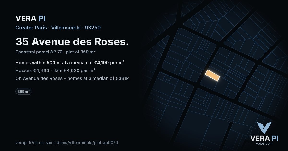 35 Avenue des Roses, Villemomble at night – the plot lit, the parcels around coloured by the prices near them