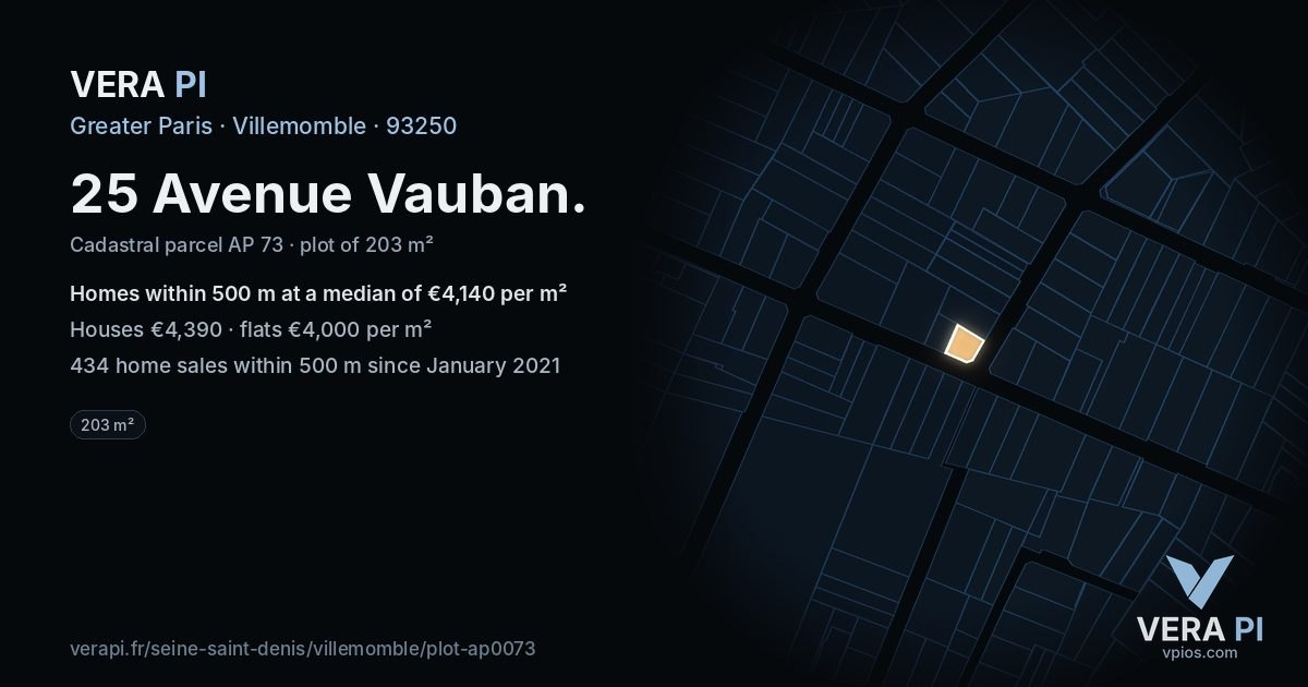 25 Avenue Vauban, Villemomble at night – the plot lit, the parcels around coloured by the prices near them