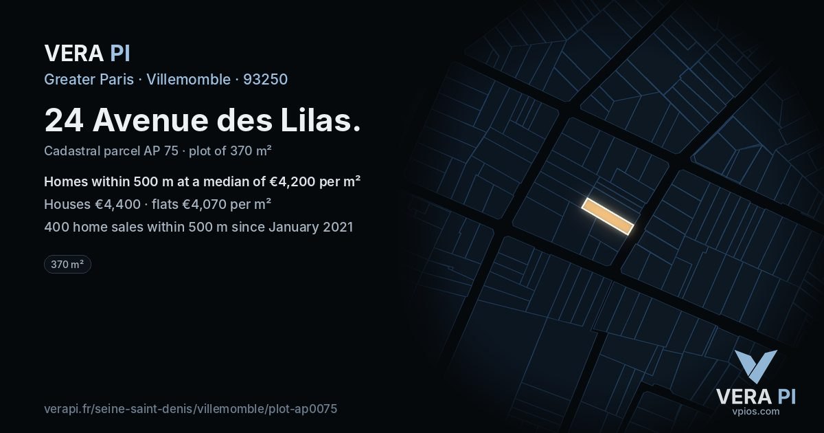 24 Avenue des Lilas, Villemomble at night – the plot lit, the parcels around coloured by the prices near them
