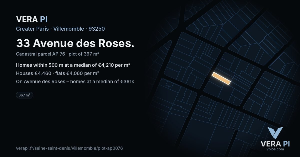 33 Avenue des Roses, Villemomble at night – the plot lit, the parcels around coloured by the prices near them