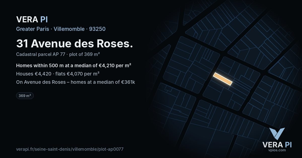 31 Avenue des Roses, Villemomble at night – the plot lit, the parcels around coloured by the prices near them