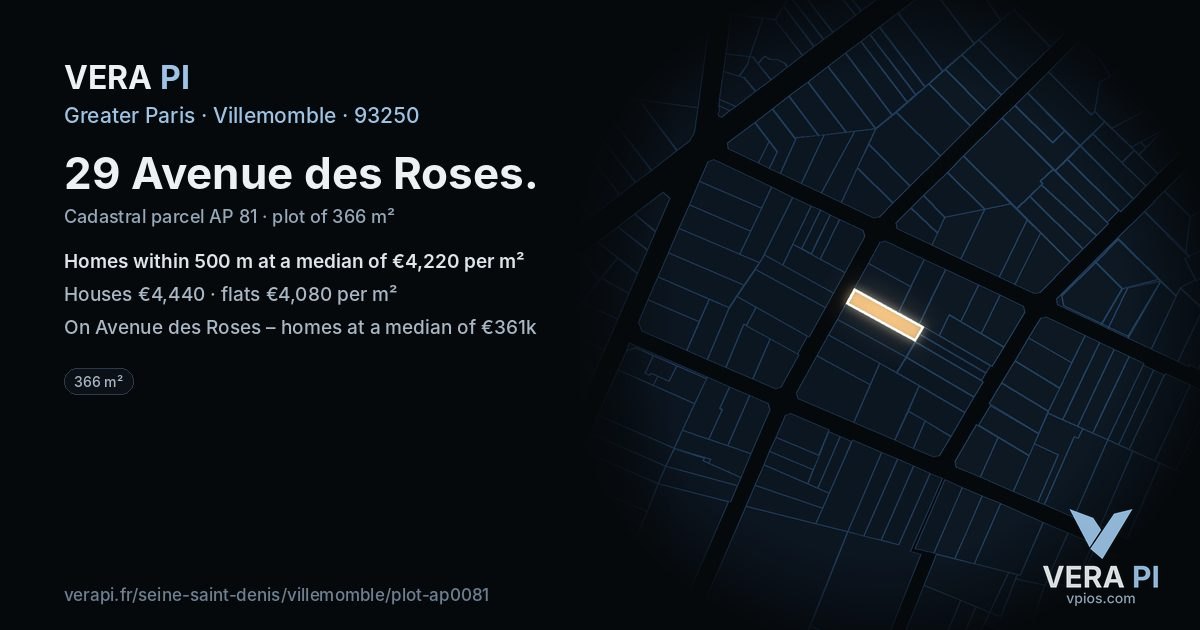 29 Avenue des Roses, Villemomble at night – the plot lit, the parcels around coloured by the prices near them