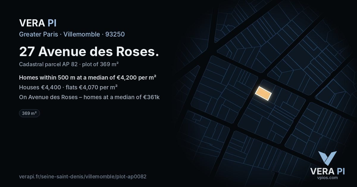27 Avenue des Roses, Villemomble at night – the plot lit, the parcels around coloured by the prices near them
