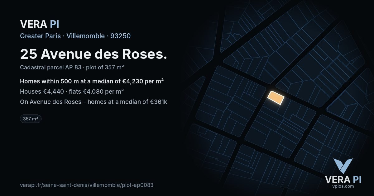 25 Avenue des Roses, Villemomble at night – the plot lit, the parcels around coloured by the prices near them
