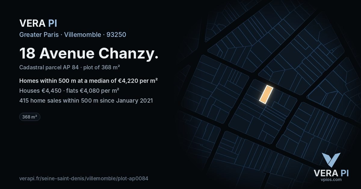 18 Avenue Chanzy, Villemomble at night – the plot lit, the parcels around coloured by the prices near them