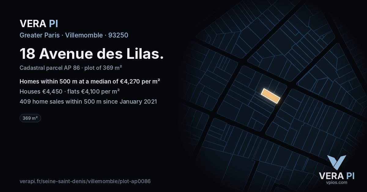 18 Avenue des Lilas, Villemomble at night – the plot lit, the parcels around coloured by the prices near them