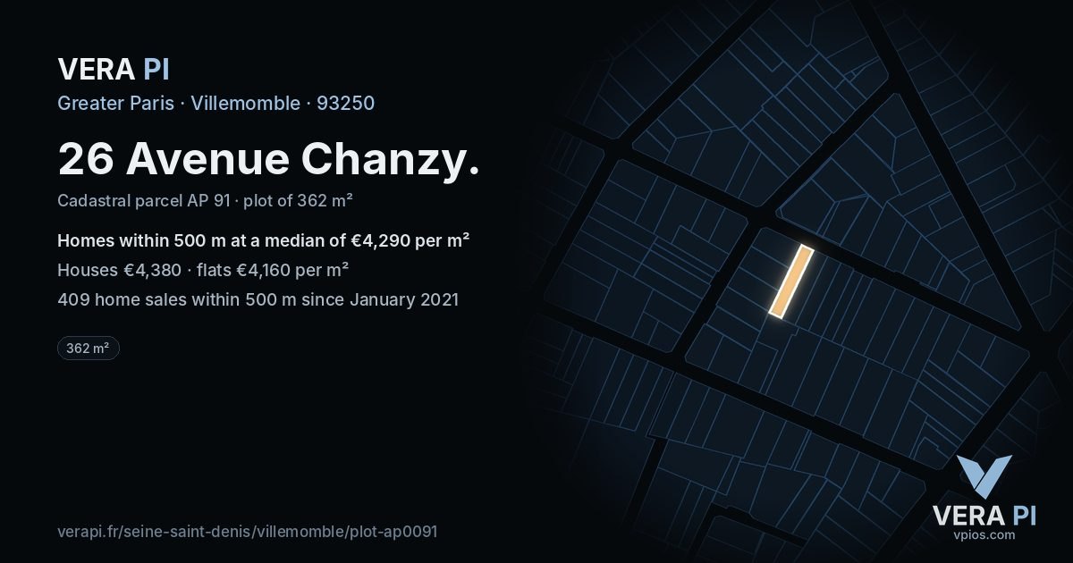 26 Avenue Chanzy, Villemomble at night – the plot lit, the parcels around coloured by the prices near them
