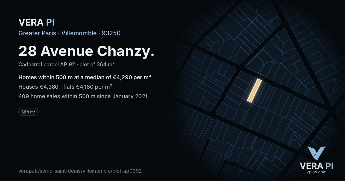 28 Avenue Chanzy, Villemomble at night – the plot lit, the parcels around coloured by the prices near them