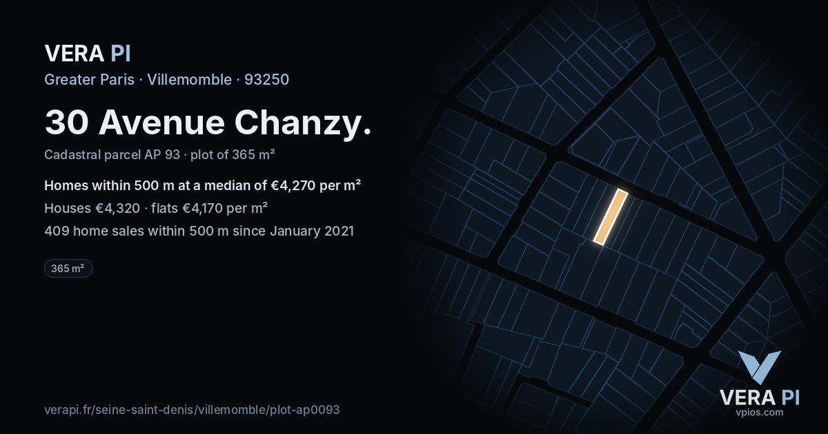 30 Avenue Chanzy, Villemomble at night – the plot lit, the parcels around coloured by the prices near them