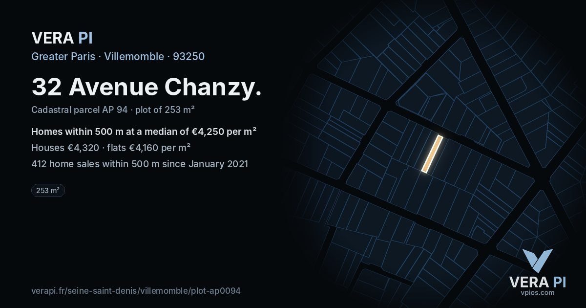 32 Avenue Chanzy, Villemomble at night – the plot lit, the parcels around coloured by the prices near them