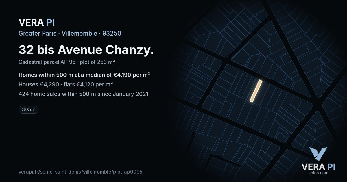32 bis Avenue Chanzy, Villemomble at night – the plot lit, the parcels around coloured by the prices near them