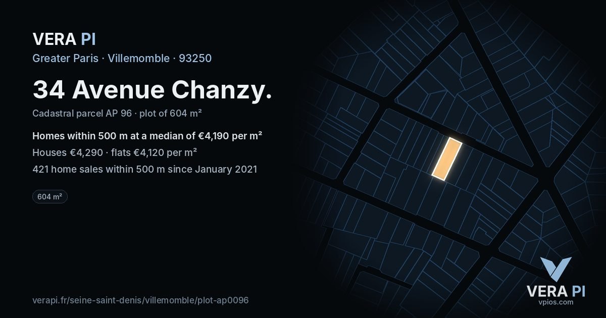 34 Avenue Chanzy, Villemomble at night – the plot lit, the parcels around coloured by the prices near them