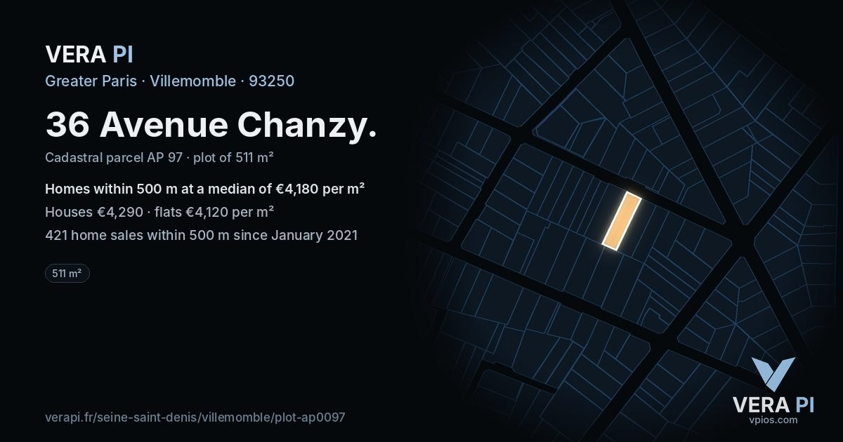 36 Avenue Chanzy, Villemomble at night – the plot lit, the parcels around coloured by the prices near them