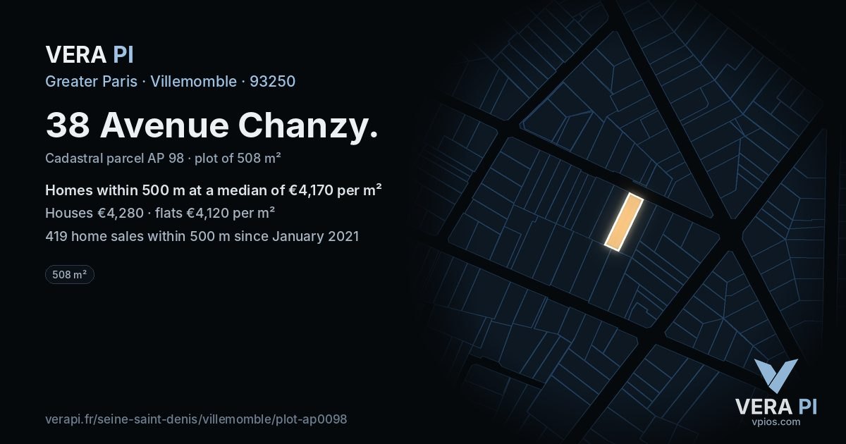 38 Avenue Chanzy, Villemomble at night – the plot lit, the parcels around coloured by the prices near them