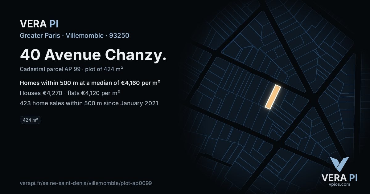 40 Avenue Chanzy, Villemomble at night – the plot lit, the parcels around coloured by the prices near them