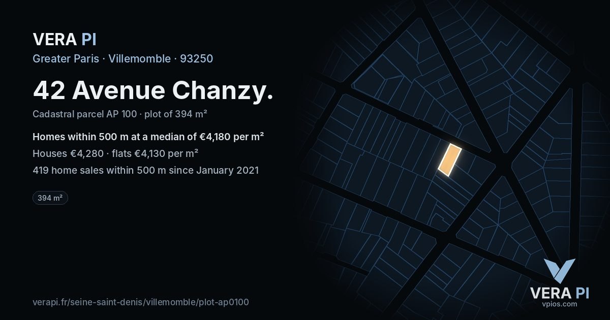 42 Avenue Chanzy, Villemomble at night – the plot lit, the parcels around coloured by the prices near them