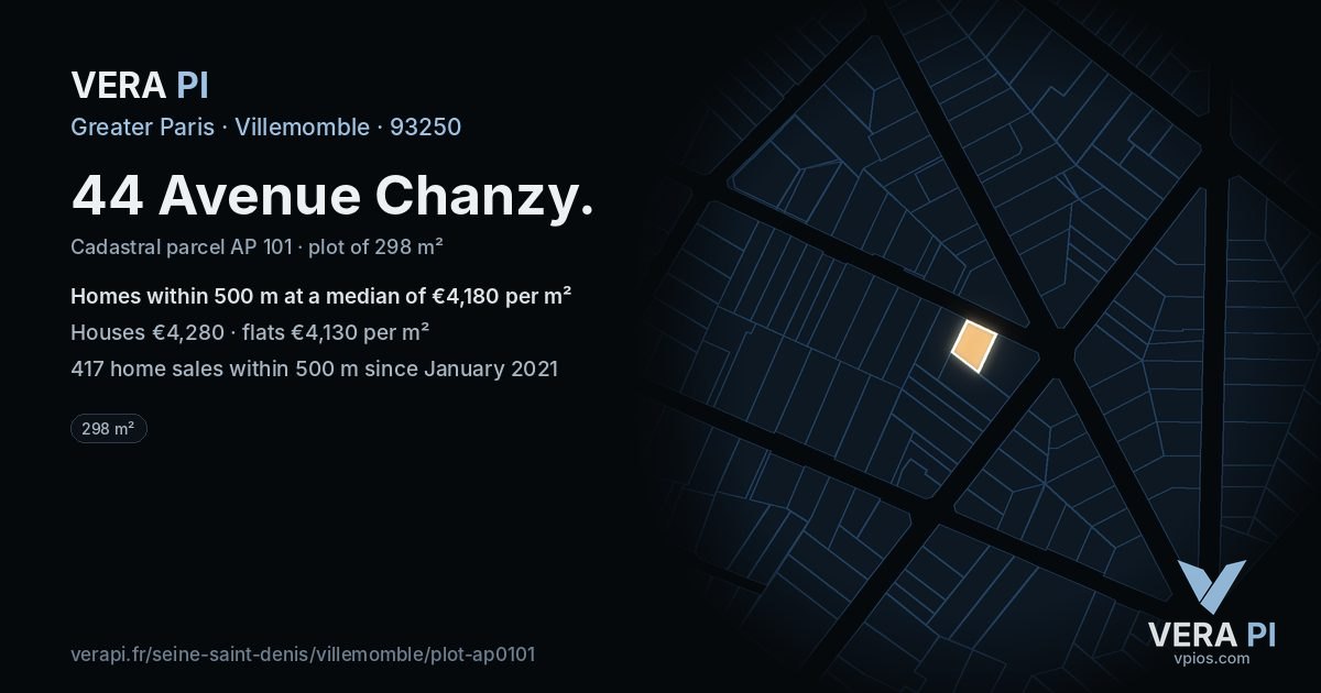 44 Avenue Chanzy, Villemomble at night – the plot lit, the parcels around coloured by the prices near them