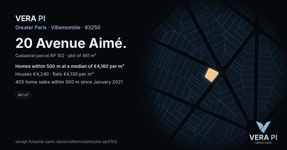 20 Avenue Aimé, Villemomble at night – the plot lit, the parcels around coloured by the prices near them