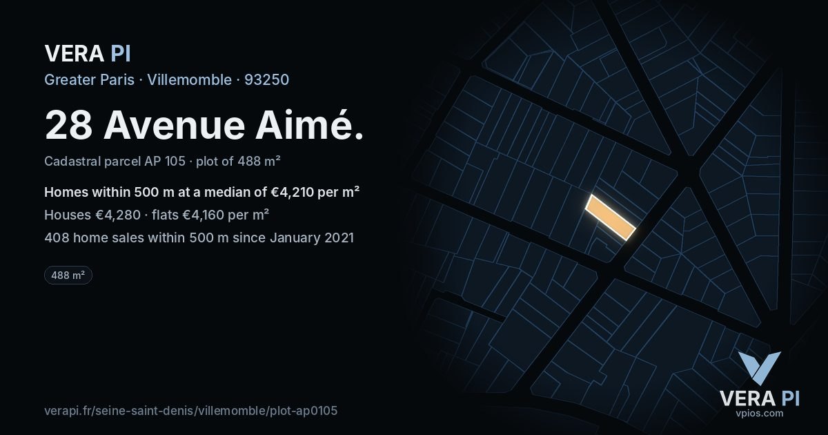 28 Avenue Aimé, Villemomble at night – the plot lit, the parcels around coloured by the prices near them