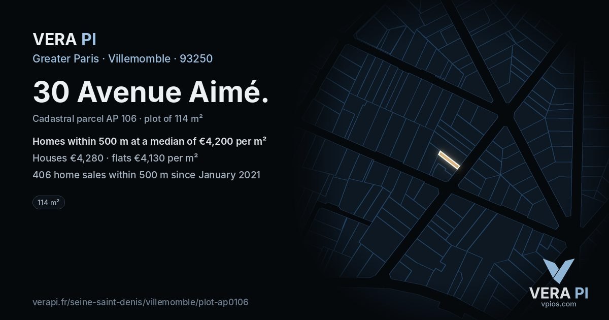 30 Avenue Aimé, Villemomble at night – the plot lit, the parcels around coloured by the prices near them