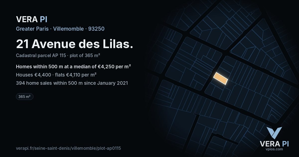 21 Avenue des Lilas, Villemomble at night – the plot lit, the parcels around coloured by the prices near them