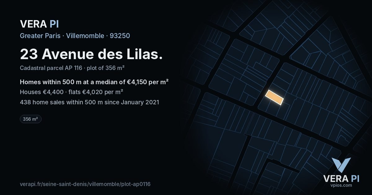 23 Avenue des Lilas, Villemomble at night – the plot lit, the parcels around coloured by the prices near them