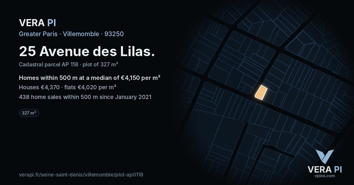 25 Avenue des Lilas, Villemomble at night – the plot lit, the parcels around coloured by the prices near them