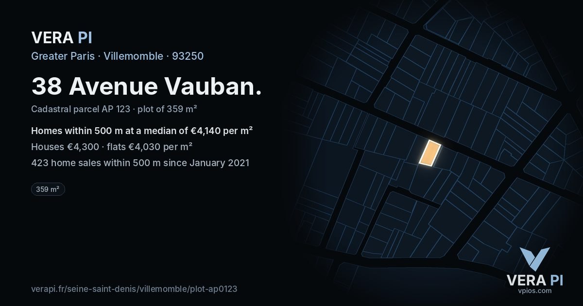 38 Avenue Vauban, Villemomble at night – the plot lit, the parcels around coloured by the prices near them