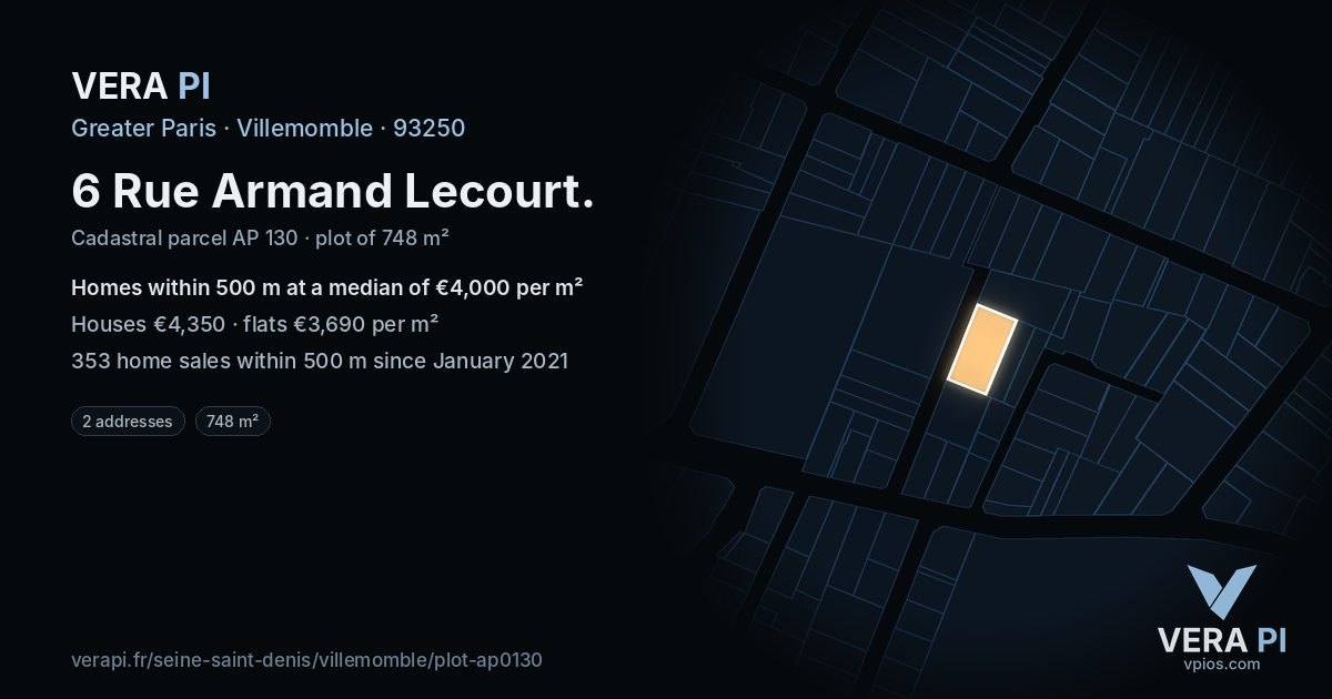 6 Rue Armand Lecourt, Villemomble at night – the plot lit, the parcels around coloured by the prices near them