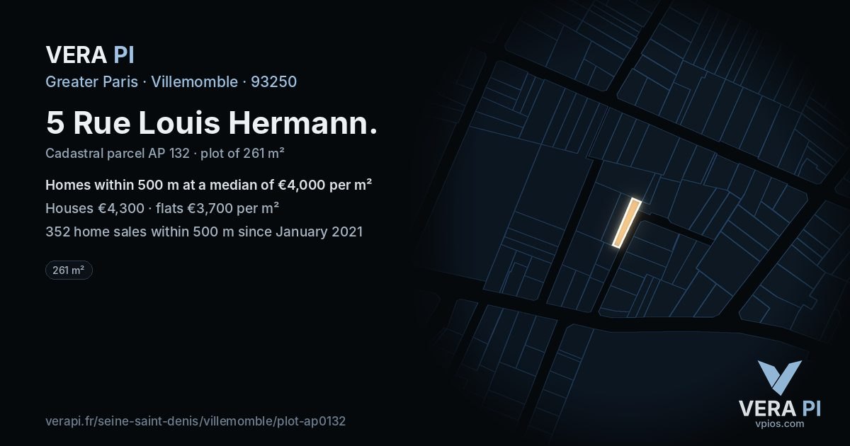 5 Rue Louis Hermann, Villemomble at night – the plot lit, the parcels around coloured by the prices near them