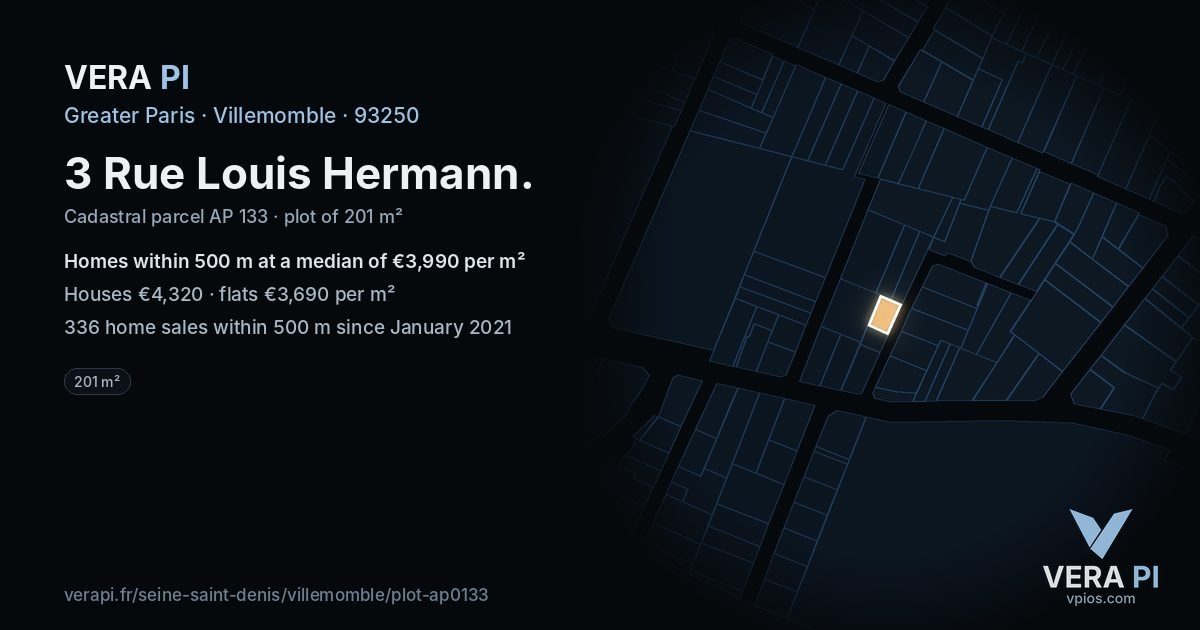 3 Rue Louis Hermann, Villemomble at night – the plot lit, the parcels around coloured by the prices near them